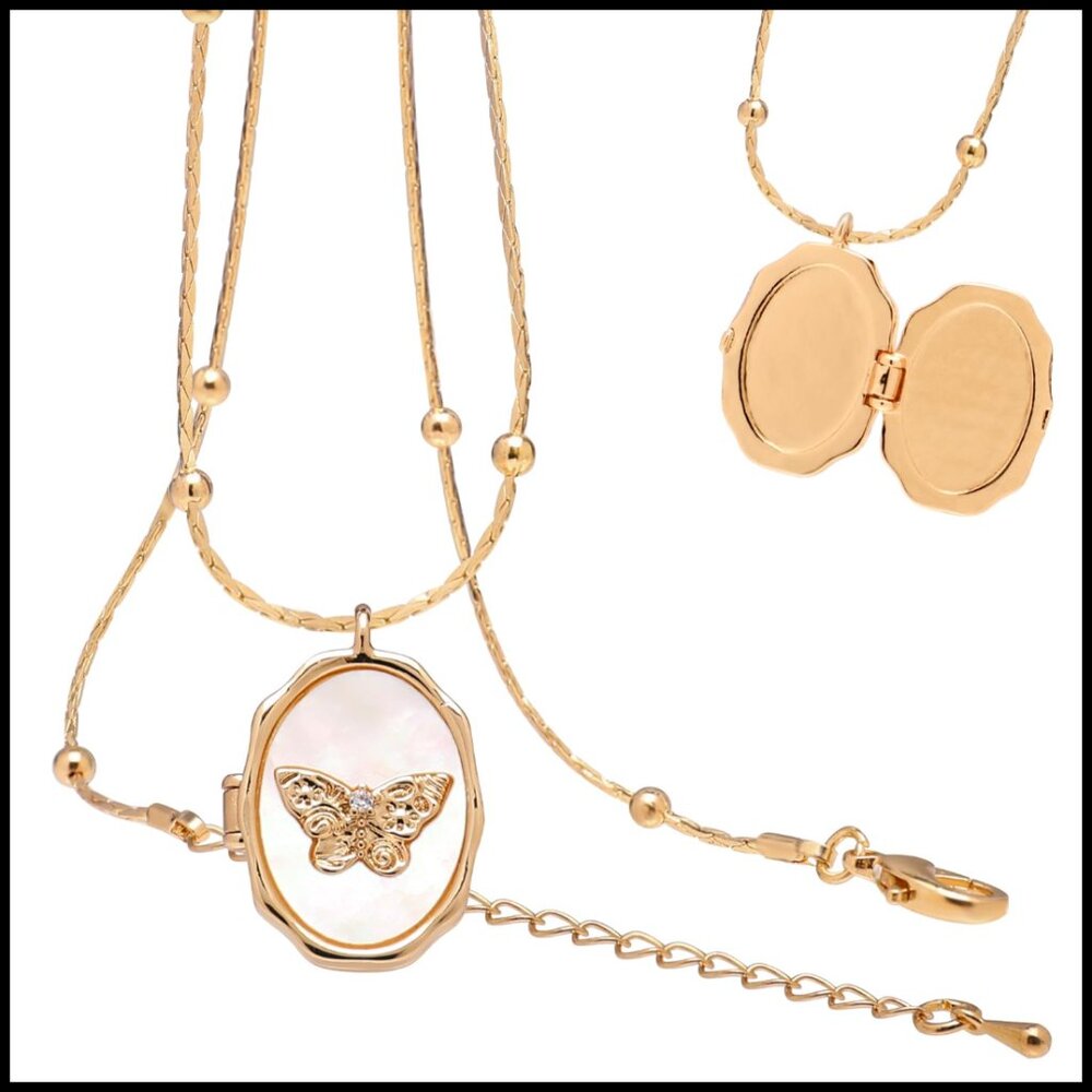 Vintage Boho Locket Necklace Gold Plated DIY Photo Pendant Seashell Chain